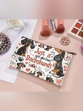 “Just a Girl Who Loves Dachshunds” Zipper Pouch - White with Heart Accents New